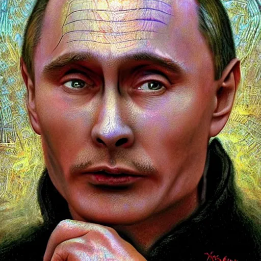 Image similar to vlad putin became stupid imbecile retard degenerate photo - realistic, color image, hyper realistic, 2 k, highly detailed, occult art, by giger, fractal structure