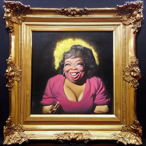 Prompt: surreal grotesque kitsch low-brow portrait of Oprah Winfrey emerging from deep shadows eating hamburgers, extra onions and ketchup, luscious patty with sesame seeds, figure in the darkness, serving big macs, french fry pattern ambience, Francisco Goya, painted by John Singer Sargant, Adrian Ghenie, style of Francis Bacon, highly detailed, 8k, trending on artstation