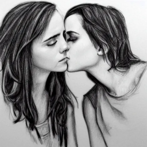 Image similar to emma watson kissing anne hathaway pencil sketch,