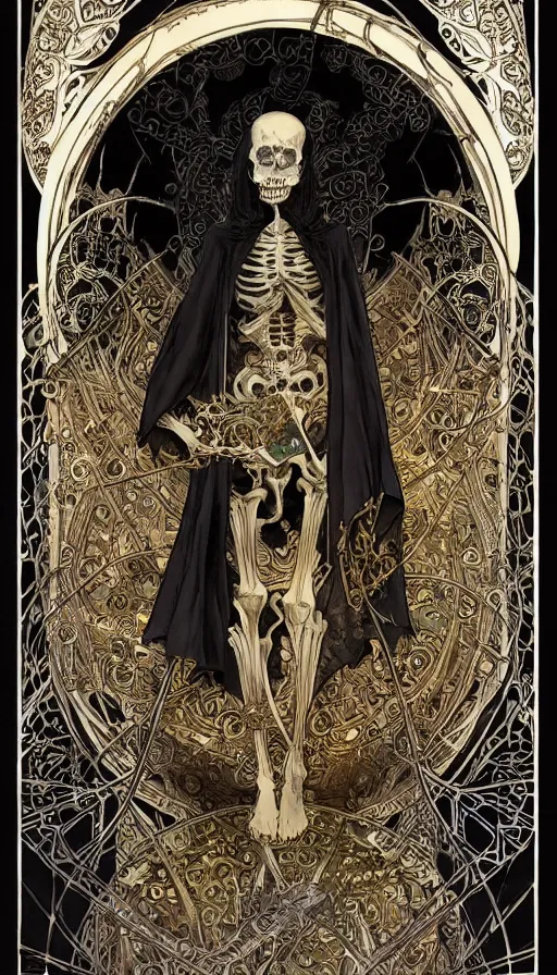 Image similar to a skeleton in a black cloak, highly detailed, very intricate, art nouveau, gold filigree, left right symmetry, tarot concept art watercolor illustration by mandy jurgens and alphonse mucha and alena aenami, featured on artstation