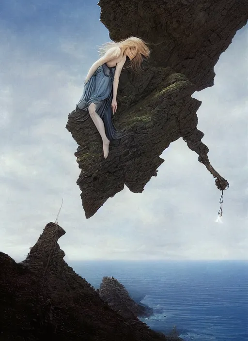 Image similar to close-up portrait action shot of Nicole Kidman hanging from a cliff ridge, Les Edwards, Zdzislaw Beksinski, Carl Gustav Carus, John Harris, Michal Karcz, Zhang Kechun, Mikko Lagerstedt, Scott Listfield, Steven Outram, Jessica Rossier