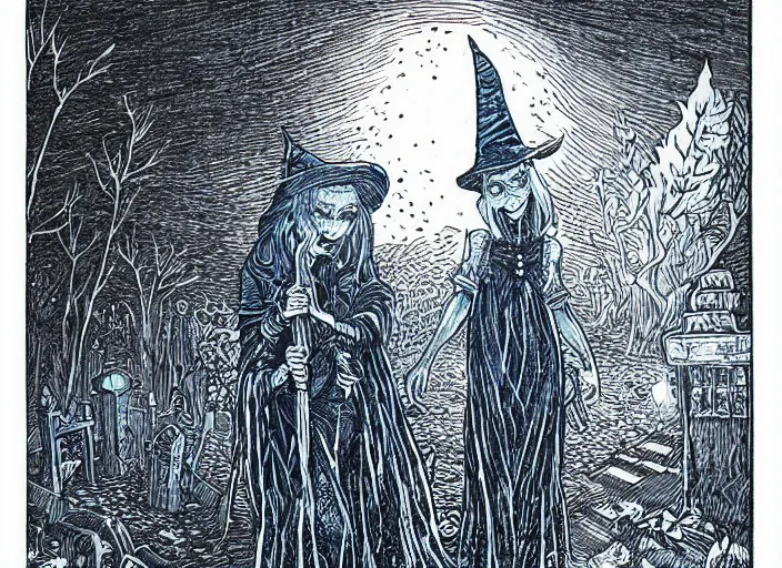 Prompt: blue woodcut print cartoon, halloween witch in graveyard at midnight by greg rutkowski, fine details, highly detailed