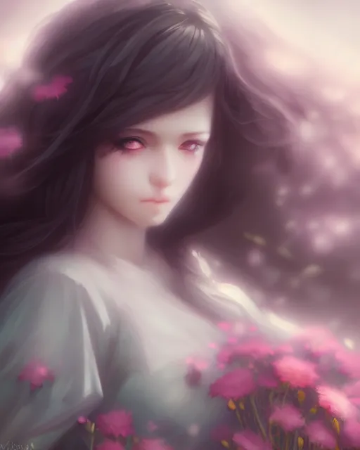 dark angel surrounded by mist and pretty flowers, very | Stable ...