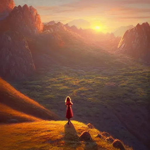 Image similar to “a lonely woman standing at the top of a hill at sunset waiting for someone to return, detailed and realistic 8k HD oil painting, by Tyler edlin”