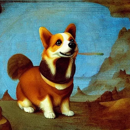 Image similar to corgi dog in cosmos painting, leonardo da vinci style