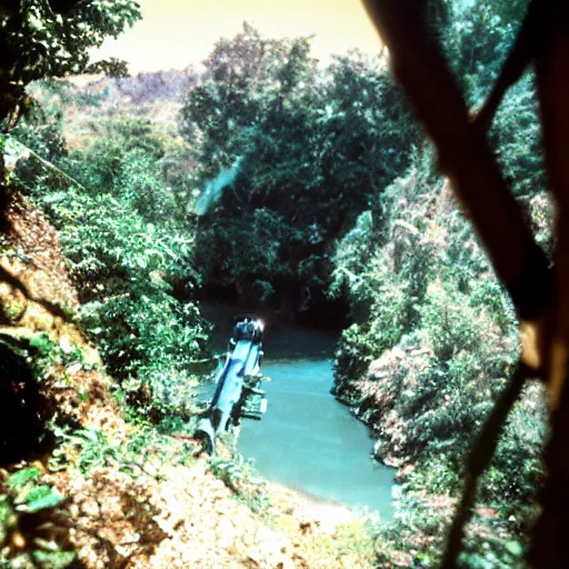 Prompt: film still, extreme far view, kim kardashian, jungle, vietnam door gunner, apocalypse now, associated press, 2 6 mm, kodak ektachrome, blue tint expired film