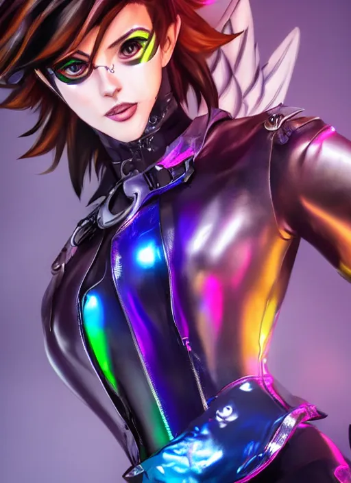 Prompt: portrait bust digital artwork of tracer overwatch, wearing black iridescent rainbow latex and leather outfit, 4 k, expressive happy smug expression, makeup, in style of mark arian, angel wings, wearing detailed black leather collar, chains, black leather harness, detailed face and eyes,