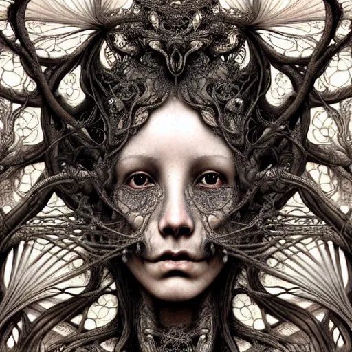 Prompt: detailed realistic beautiful calaveras death goddess face portrait by jean delville, gustave dore, iris van herpen and marco mazzoni, art forms of nature by ernst haeckel, art nouveau, symbolist, visionary, gothic, neo - gothic, pre - raphaelite, fractal porcelain lace, intricate alien botanical biodiversity, surreality, hyperdetailed ultrasharp octane render