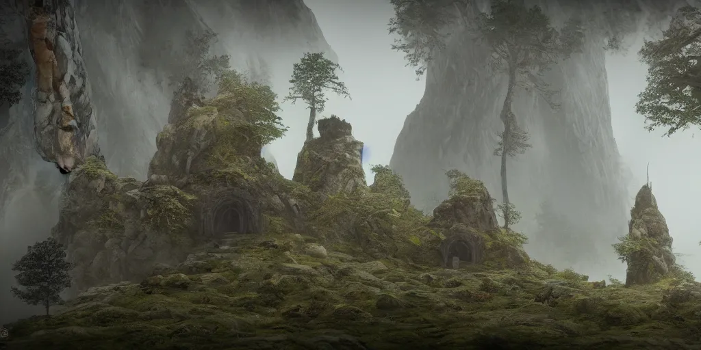 Image similar to cinematic, concept art, hyper realistic, symbolism, an elven temple in the mountains, detailed trees and cliffs, misty, foggy, depth of field, 8k, 35mm film grain, unreal engine 5 render