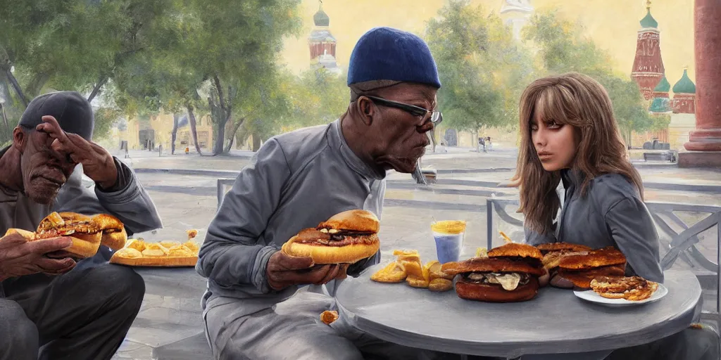 Image similar to highly detailed portrait painting of young samuel l jackson eating burger sitting on bench near moscow kremlin, balalaika, perfect symmetrical eyes, by eddie mendoza and tyler edlin, 8 k resolution