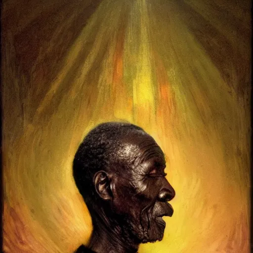 Image similar to a painting of a wise elder from Kenya by Henry Ossawa Tanner . dramatic angle, ethereal lights, details, smooth, sharp focus, illustration, realistic, cinematic, artstation, award winning, rgb , unreal engine, octane render, cinematic light, macro, depth of field, blur, red light and clouds from the back, highly detailed epic cinematic concept art CG render made in Maya, Blender and Photoshop, octane render, excellent composition, dynamic dramatic cinematic lighting, aesthetic, very inspirational, arthouse.