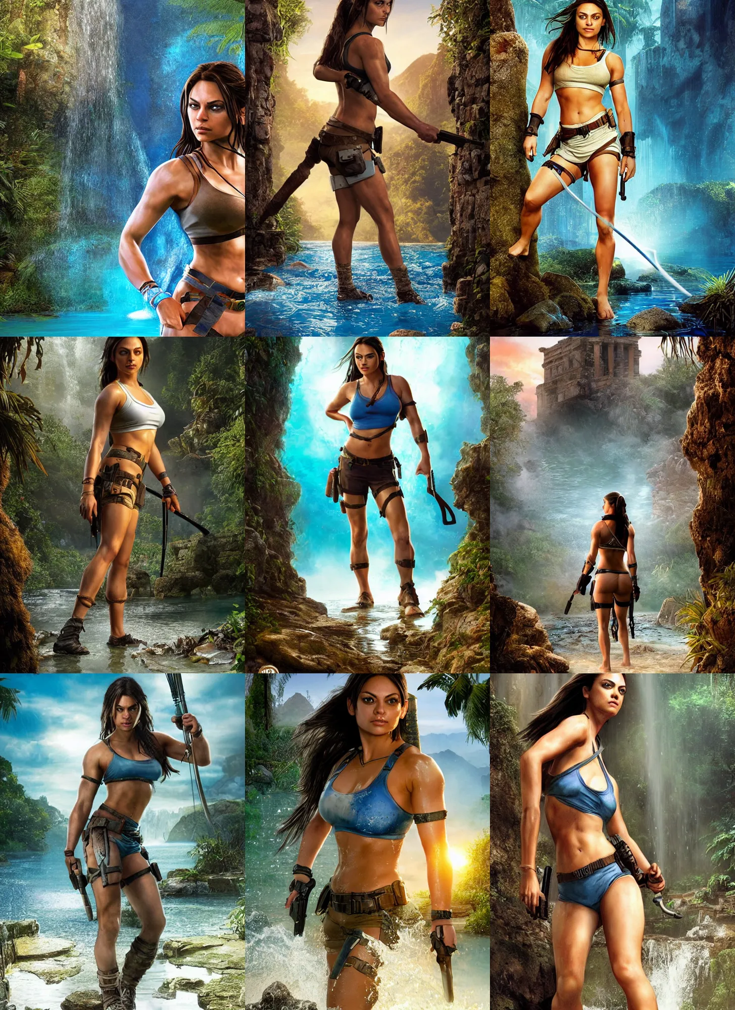 Image similar to amazon mila kunis as muscled amazon lara croft wading through blue glowing water, bright white castle stones, 2 0 0 mm focal length, epic vista of old ruins, sundown, golden hour firefly wisps, steve hanks, charlie bowater, mark brooks, steve henderson, justin gerard, mark keathley, victor nizovtsev, ross tran, wlop