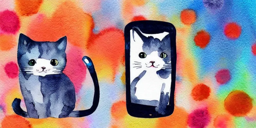 Image similar to watercolor illustration style, cute cats use mobile phone