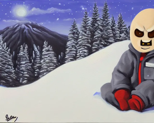 Image similar to oil painting of sans sitting in a mountain during winter