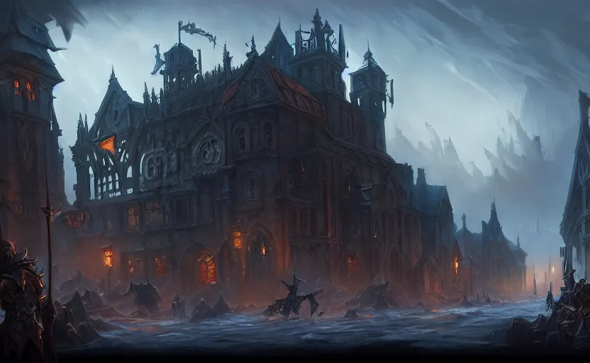 Image similar to extreme long shot concept art depicted old english majestic town, dramatic mood, overcast mood, dark fantasy environment, dieselpunk, art by legends of runeterra and league of legends and arcane, art by tony sart, trending on artstation, unreal engine, golden ratio, spectacular composition