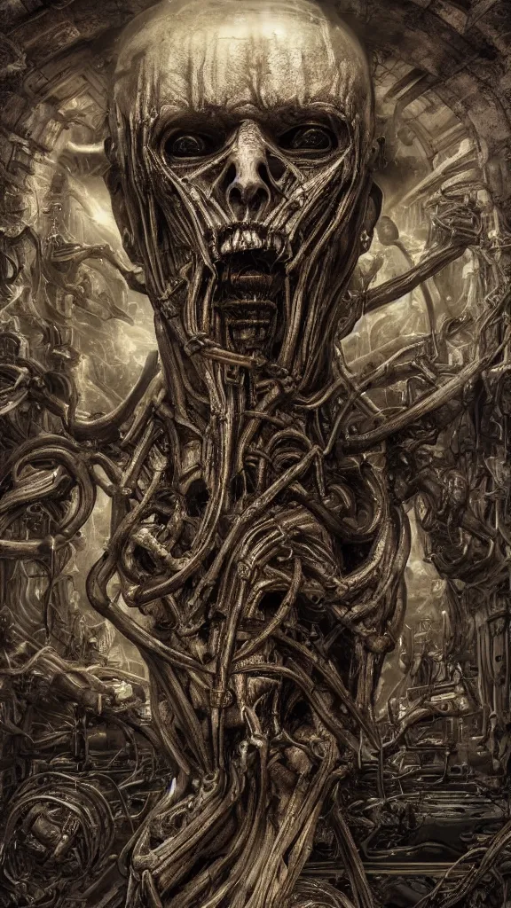 Prompt: god is dead, and ai killed him, in the style of hr giger, hyperrealistic, photorealistic, scifi illustration, 4 k, ultra hd, rendered in unreal engine 5, dark, gritty, evil, award winning, mystical, dungeons and dragons, mechanical