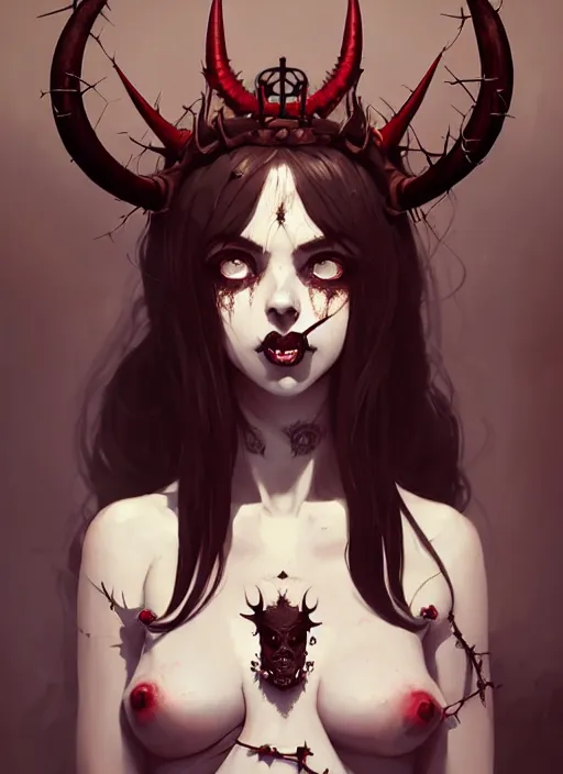 Image similar to portrait of cute succubus girl with crown of thorns and horns covered with runic tattoos, dark fantasy, by atey ghailan, by greg rutkowski, by greg tocchini, by james gilleard, by joe gb fenton, by in kaethe butcher, dynamic lighting, gradient light red, brown, blonde cream and white color in scheme, grunge aesthetic