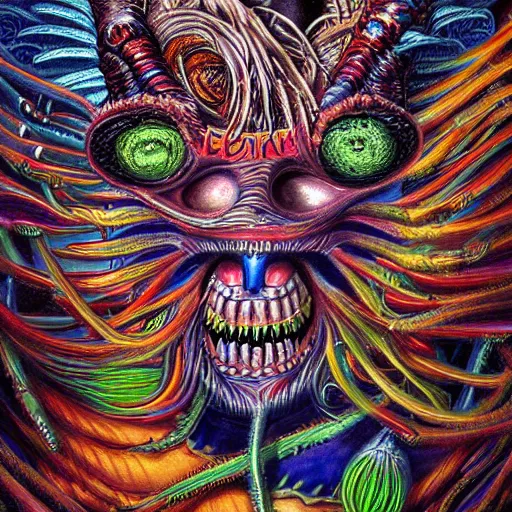 Image similar to a high detailed hyper detailed painting of a spiritual monster with dreadlocks and several eyes, pointy teeth and colorful skin with scales and strange textures, surreal psychedelic cosmic horror - 7 6 8