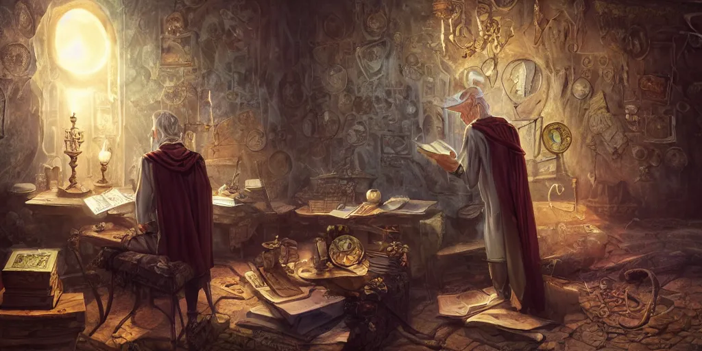 Image similar to back shot of wizened aristocrat examining the mysteries of tarot cards on a magical blackboard, fantasy art, matte painting, high quality, digital painting, artwork by tony sart