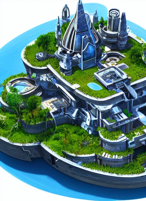 Prompt: Technologic villain mansion on a floating island in the middle of the space, very coherent symmetrical, cinematic, hyper realism, high detail, 8k, Vibrant colors, Smooth gradients, High contrast,