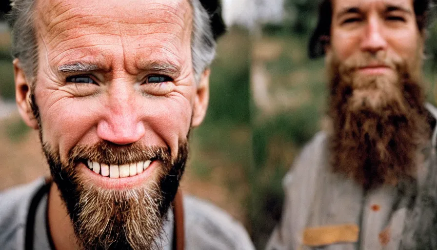 Image similar to far view, extremely skinny malnourished joe biden with long beard, wearing dirty overalls, dirty greasy face, grin, portrait, close up, kodak gold 2 0 0, 5 0 mm,