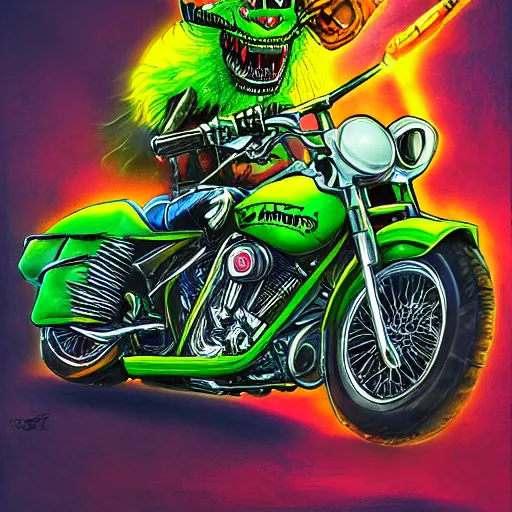 Image similar to a tennis ball monsteron a motorcyle harley davidson on a tennis court, digital art, fantasy, magic, chalk, trending on artstation, ultra detailed, professional illustration by basil gogos