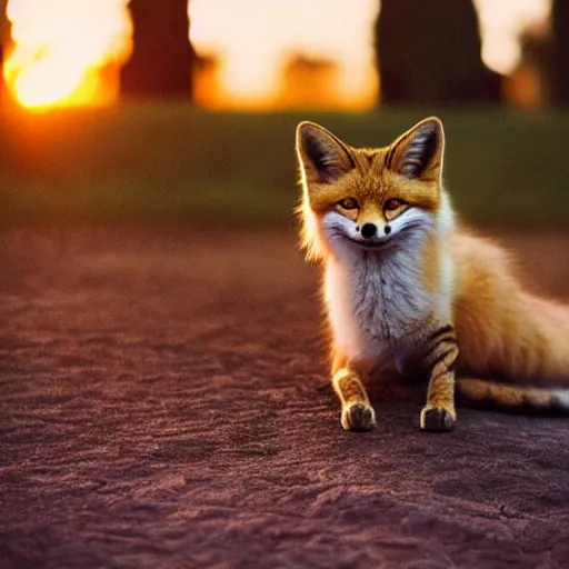 Image similar to a low angle photo of a cat fox hybrid, at the golden hour, sunset, sunrise, warm lighting, strongshadows, photo by slim aarons, award winning, 4 k