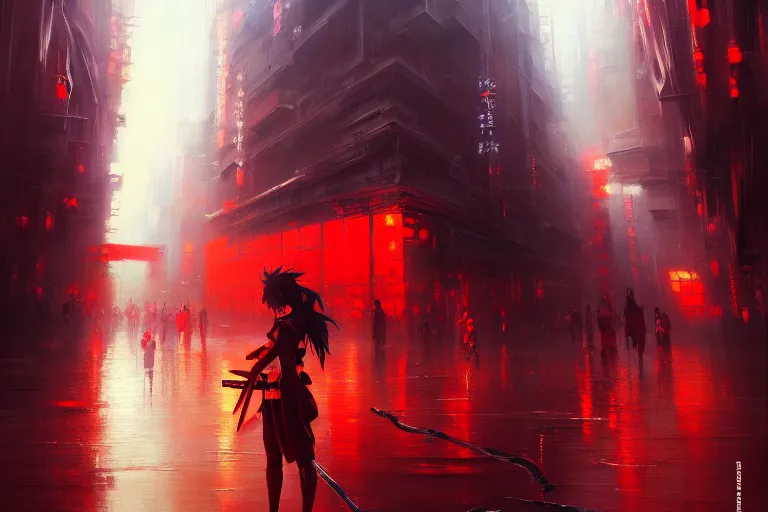 Image similar to baroque oil painting of anime key visual concept art of a samurai girl, red futuristic concrete cityscapes, trending on artstation, palette knife and brush strokes, oil on canvas, style of makoto shinkai greg rutkowski studio ghibli