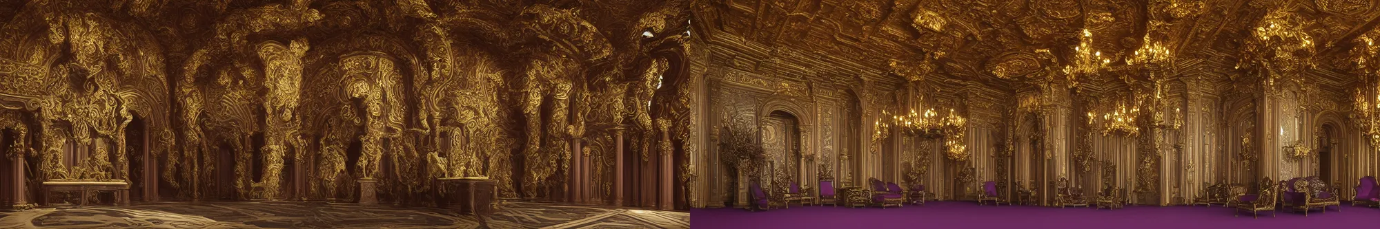 Prompt: Wide shot of a dark long Romanesque marble-hall, volumetric sunlight shining through ornate windows, at the end of the hall is a single throne made of green quartz and gold with arm-rests shaped like lions, Christopher Walken as Emperor Shaddam IV (Dune) is sitting on the throne, Christopher Walken is wearing ornate Tyrian-purple regal leather uniform with two lion-pins made of gold, dark atmospheric lighting, highly detailed, cinematography by Ridley Scott
