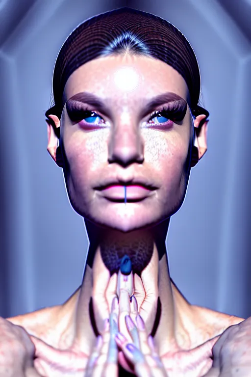 Image similar to beautiful female, attractive facial features, haze, model, intricate, symmetrical face, makeup, sephora, maybelline, studio, reflections, cinematic, filmic, vsco, concept art, artstation, elegant, model, gorgeous, vray, flim, octane render, ambient occlusion, prism details