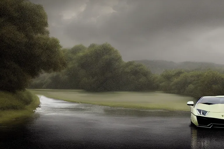 Image similar to a landscape photograph of a lamborghini aventador driving through a vast serene landscape on a rainy day, river, trees, beautiful lighting, by lee madgwick