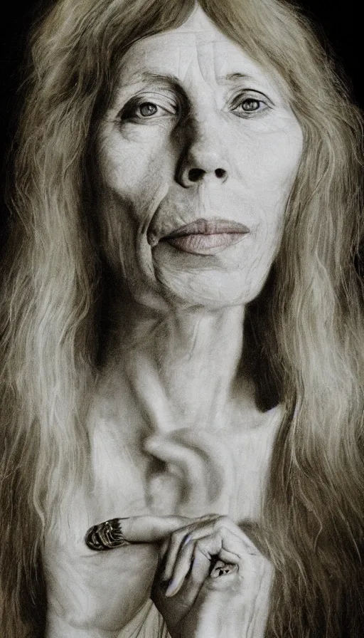 Prompt: cinematic portrait of 1 9 7 0 s joni mitchell, intricate, elegant, by alyssa monks, highly detailed, symmetrical face, fine details, masterpiece, trending on artstation
