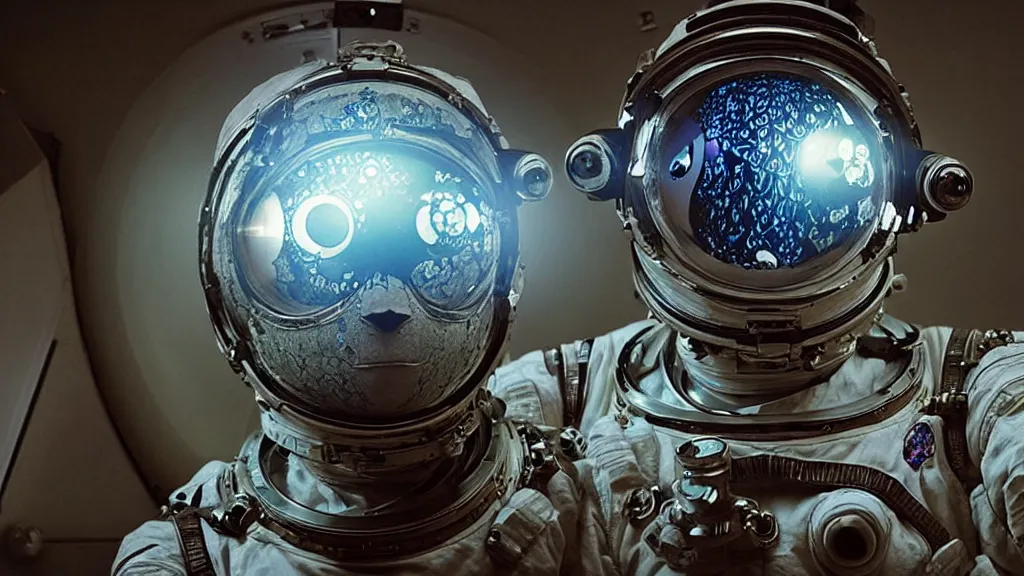 Image similar to a cybernetic symbiosis of a single astronaut eva suit with diamond 3d fractal lace iridescent bubble 3d skin covered with insectoid compound eye camera lenses floats through the living room, film still from the movie directed by Denis Villeneuve with art direction by Salvador Dalí, wide lens,