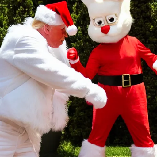 Image similar to photo of Donald Trump wearing a Santa Claus outfit getting in a fist fight with the Easter Bunny, 4k