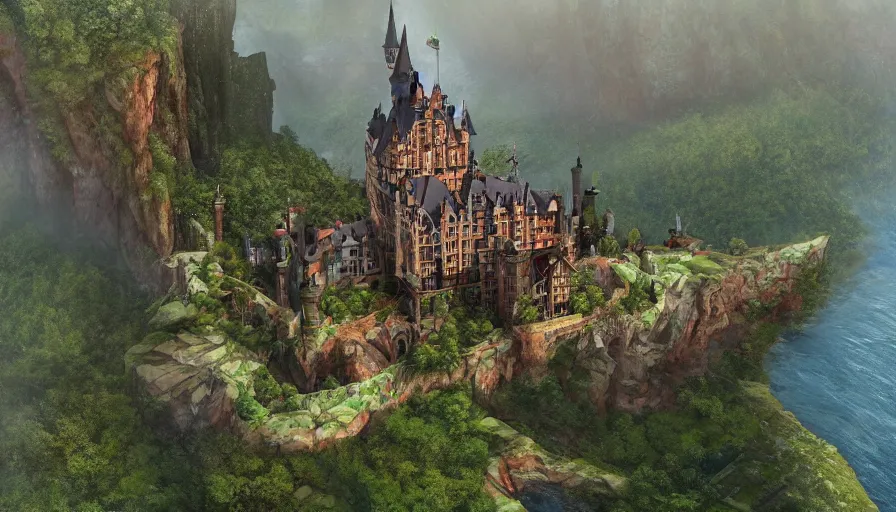 Prompt: Huge German castle built on the edge of a green cliff with water behind, hyperdetailed, artstation, cgsociety, 8k