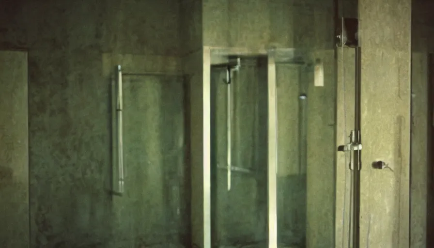 Prompt: 60s movie still of a sovietic stalinist style empty dark prison shower, cinestill 800t 50mm eastmancolor, liminal Space style, heavy grain-s 150