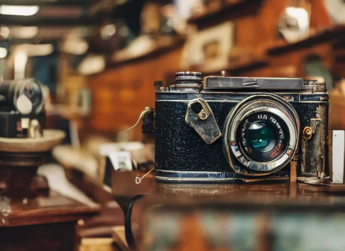 Prompt: a photo from the 1 9 7 0 s of an old camera in an antiques store