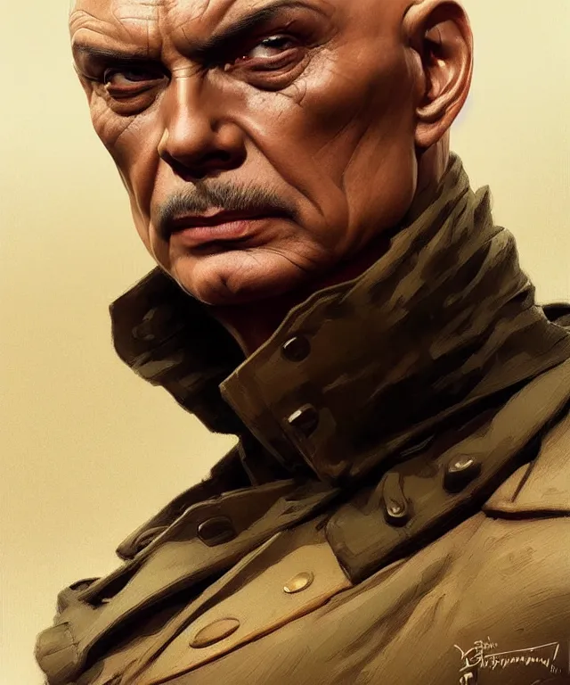 Image similar to Yul Brynner as an angry bald general, portrait, intricate, elegant, highly detailed, digital painting, artstation, concept art, smooth, sharp focus, illustration, art by artgerm and greg rutkowski and alphonse mucha