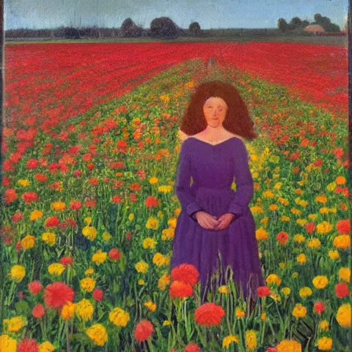 Image similar to woman standing in a flower field, head of flowers