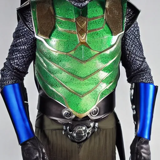 Image similar to High Fantasy Kamen Rider, glowing eyes, 4k, forest plains of north yorkshire, daytime, chainmail rubber undersuit, segmented armor, dark blue armor with green secondary color, tokusatsu