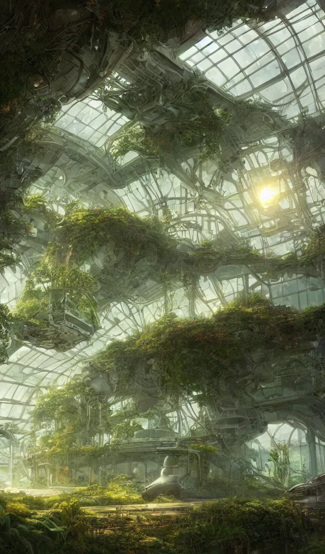 Image similar to vanishing point, green house, spaceship, plants, viewed from afar, stephen bliss, misty, unreal engine, fantasy art by greg rutkowski, loish, ferdinand knab, and lois van rossdraws, global illumination, radiant light, minimalist, detailed and intricate environment