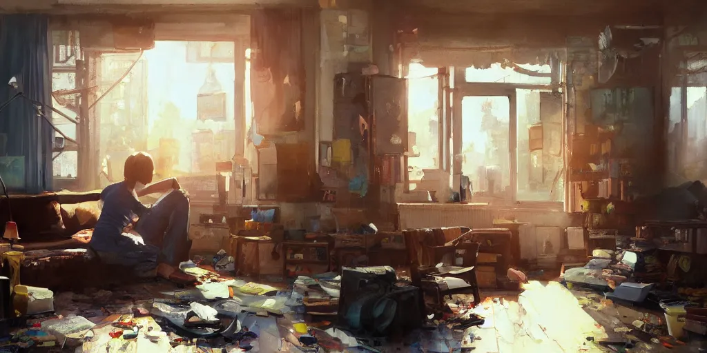 Prompt: A ultradetailed beautiful panting of a messy moders apartment, bright sunny day, Oil painting, by Ilya Kuvshinov, Greg Rutkowski and Makoto Shinkai