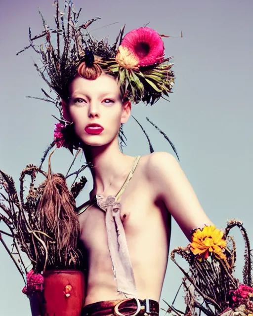 Image similar to a bountiful springtime harvest, a conceptual surrealist punk hairstyle for girls, by steven meisel, sigma 35mm f/8