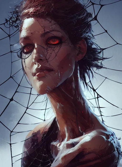 Prompt: painting of a woman in a spider web, highly detailed, digital painting, concept art, smooth, sharp focus, illustration, illustration by greg rutkowski, yoji shinkawa, 4 k, digital art, concept art, trending on artstation, 8 k