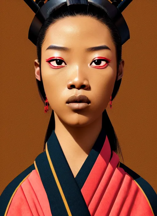 Image similar to attractive female portrait of african samurai, wearing robe, rule of thirds, uplight, intricate, symmetrical!!, depth of field, cinematic, filmic, vsco, concept art, artstation, digital painting, elegant, model, gorgeous, adobe, vouge, magazine cover, art by hayao miyazaki and masashi ando