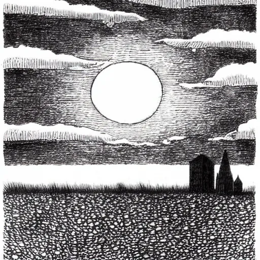 Image similar to pen and ink drawing of gloomy night sky, crosshatching, edward gorey, hatches