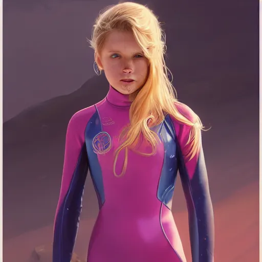 Image similar to a photorealistic dramatic fantasy render of a young girl with blonde hair and blue eyes, in pink wet suit, by wlop, artgerm, greg rutkowski, alphonse mucha, beautiful dynamic dramatic dark moody lighting, shadows, cinematic atmosphere, artstation, concept design art, octane render, 8 k