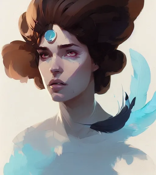 Image similar to portrait of beautiful mage, feathers, by atey ghailan, by greg rutkowski, by greg tocchini, by james gilleard, by joe fenton, by kaethe butcher, dynamic lighting, gradient light blue, brown, blonde cream and white color scheme, grunge aesthetic