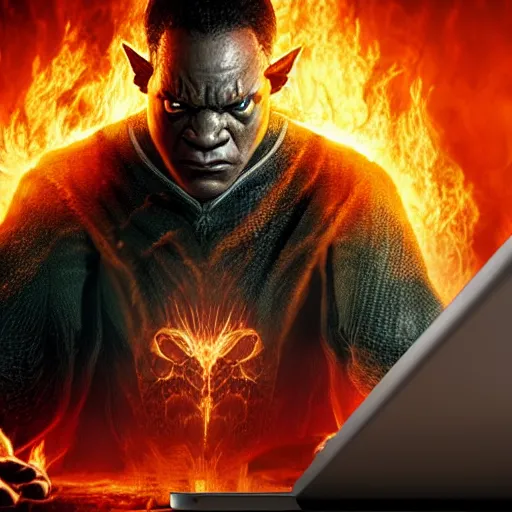 Image similar to burning balrog from lord of the rings sitting behind desk looking at computer screen