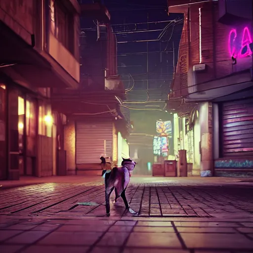 Image similar to cat walking down the street of a cyberpunk city at night, 3d render, Unreal Engine, octane render, ray tracing, Unity, highly detailed, high quality, HD, 4k, 8k, realistic, sharp, no blur, edited, corrected, trending